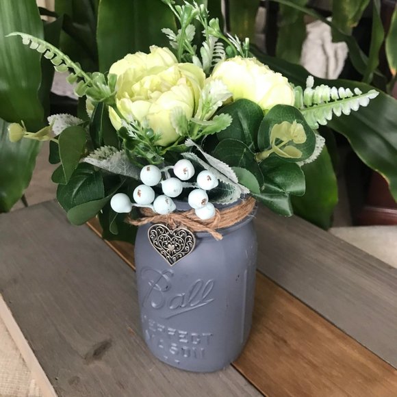 Handmade Light Green Floral Arrangement in Charcoal Gray Ball Mason Jar - Picture 4 of 7